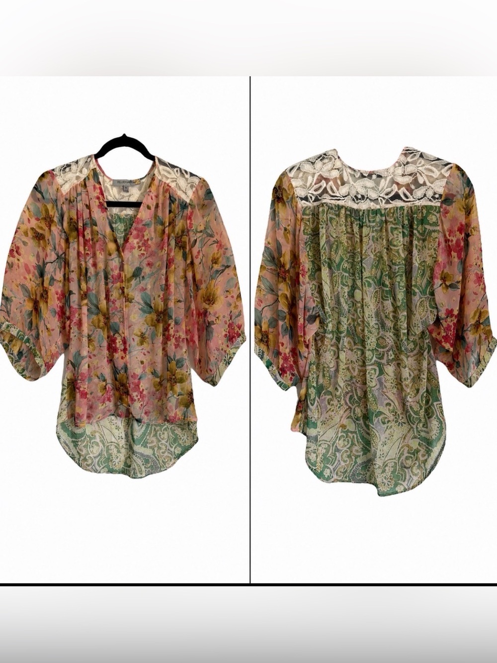 Figueroa & Flower Blouse Womens M  Floral Lace Kimono Sheer Whimsy Fairy Flowy